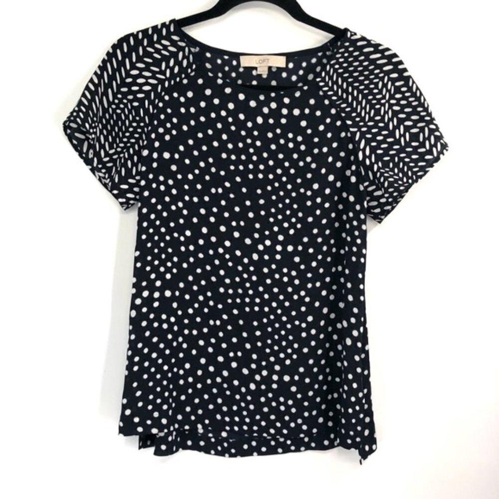 LOFT Dot Print Blouse Top Blue White Polka Dots Mixed Print Flowy XS Navy